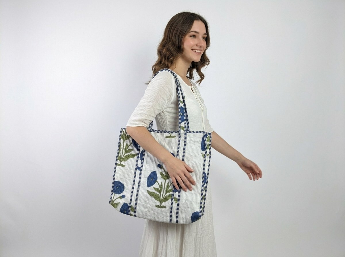 Model walking with a blue floral block printed tote bag