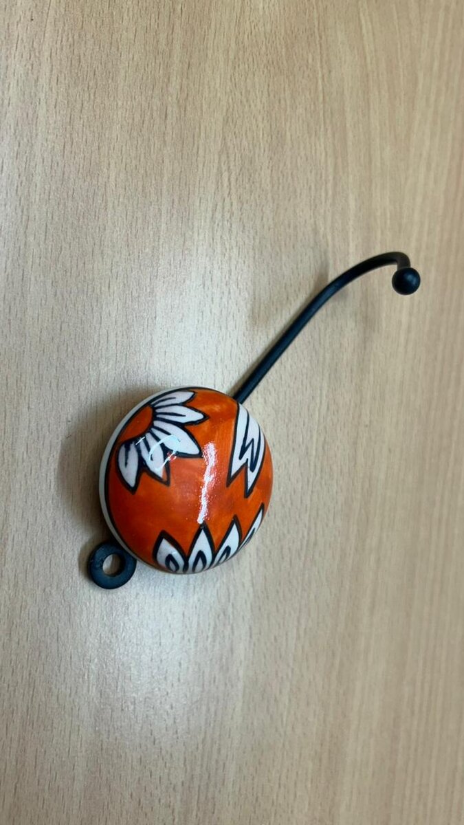 Wall Hook with Round Ceramic Knob · Orange and White Leaf Motif