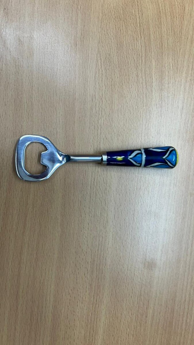 Ceramic Handle Bottle Opener · Blue Floral Pattern