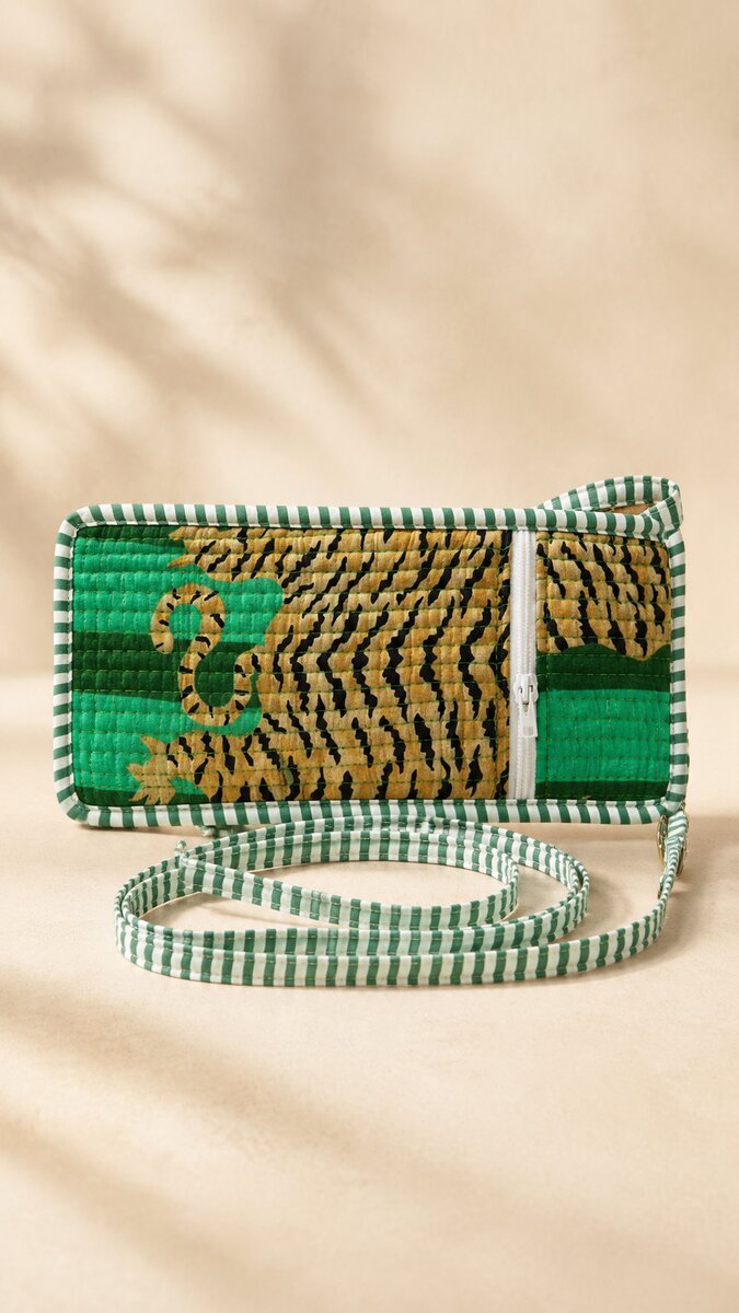 Jaipuri Tiger Print Kantha Tote with Matching Pouch · Green