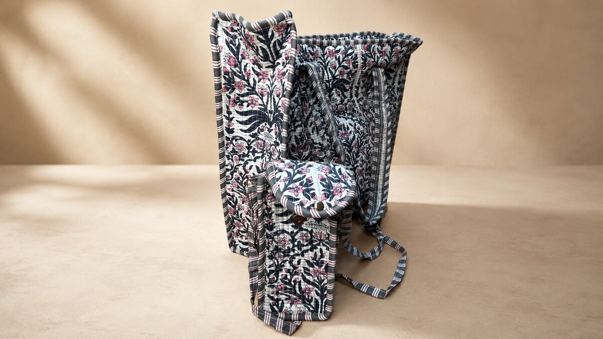 Jaipuri Floral Block Print Kantha Tote with Matching Pouch · Charcoal & Pink
