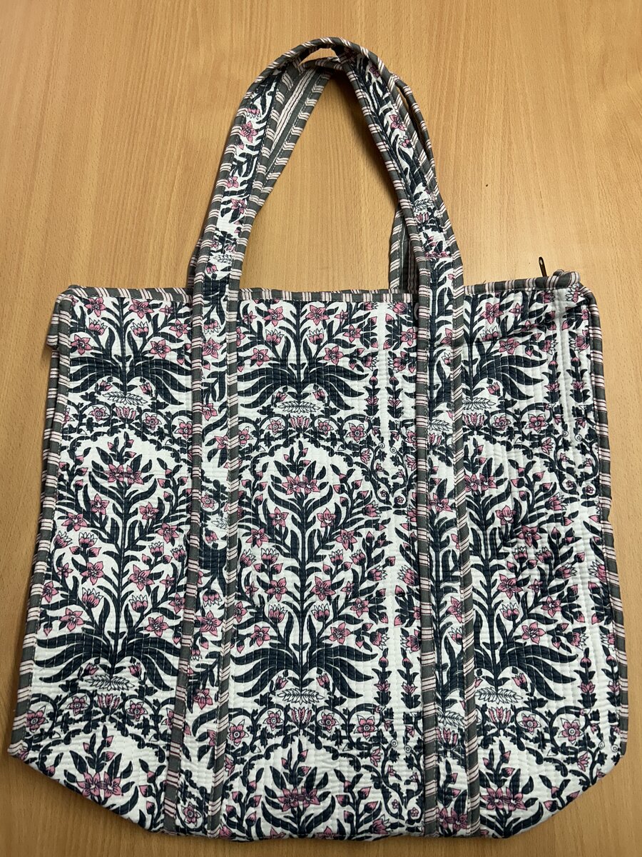 Jaipuri Floral Block Print Kantha Tote with Matching Pouch · Charcoal & Pink
