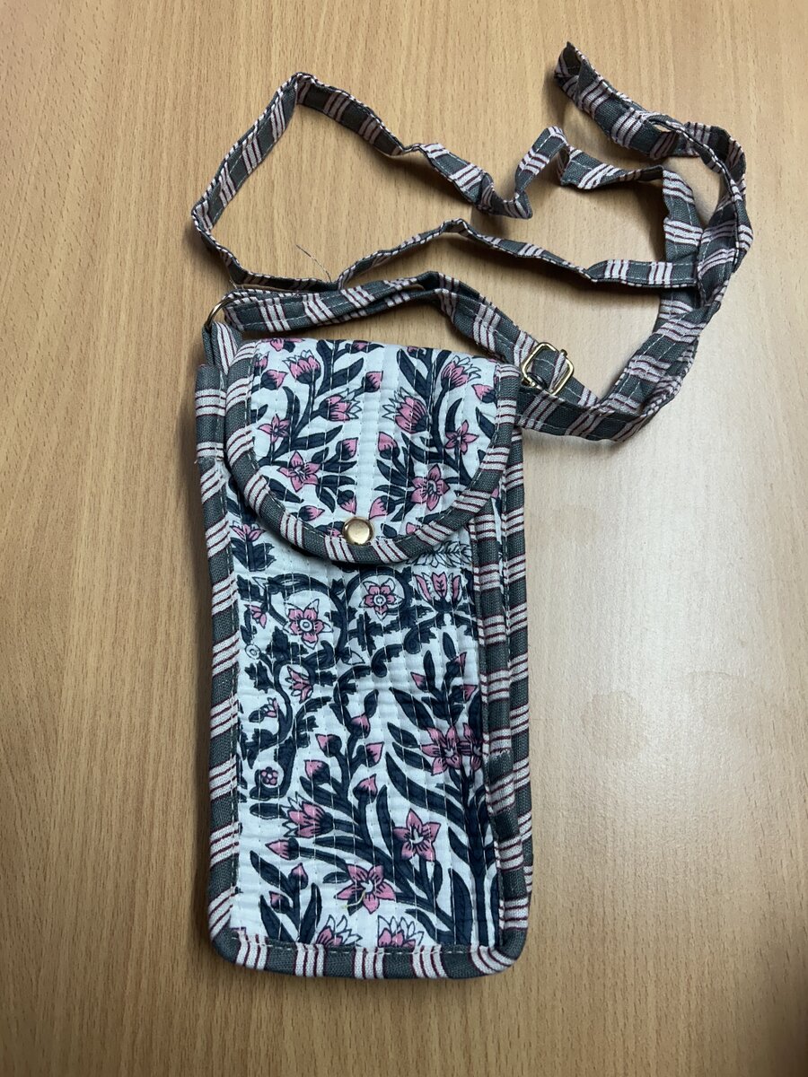 Jaipuri Floral Block Print Kantha Tote with Matching Pouch · Charcoal & Pink