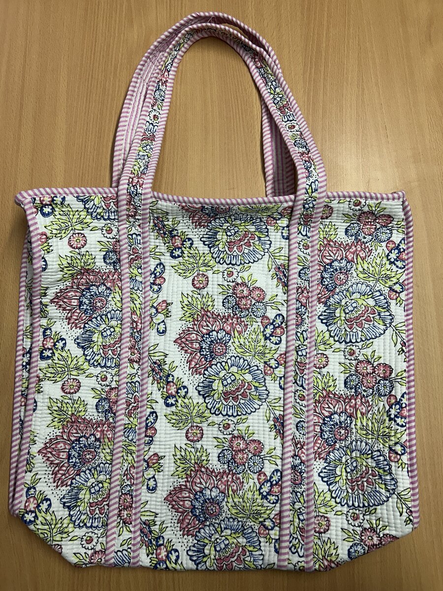 Jaipuri Pink Multi Floral Kantha Tote with Matching Pouch