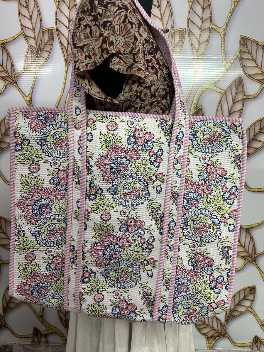 Jaipuri Pink Multi Floral Kantha Tote with Matching Pouch