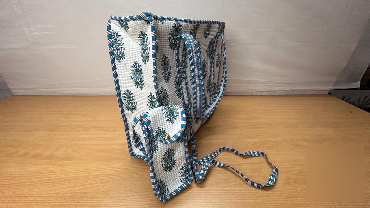 Jaipuri Block Print Tote · Teal Floral Stripe
