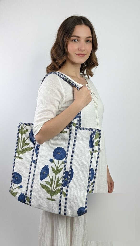 Jaipuri Block Print Tote · Teal Floral Stripe