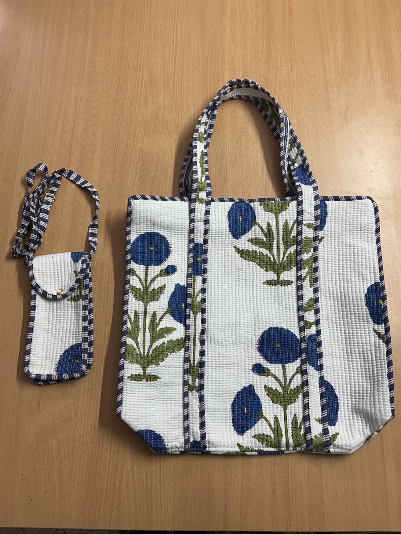 Jaipuri Block Print Tote · Teal Floral Stripe