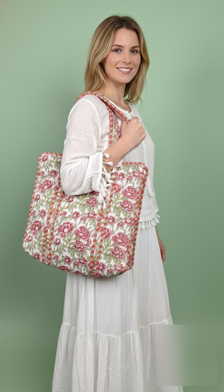 Jaipuri Block Print Tote · Rose Stripe