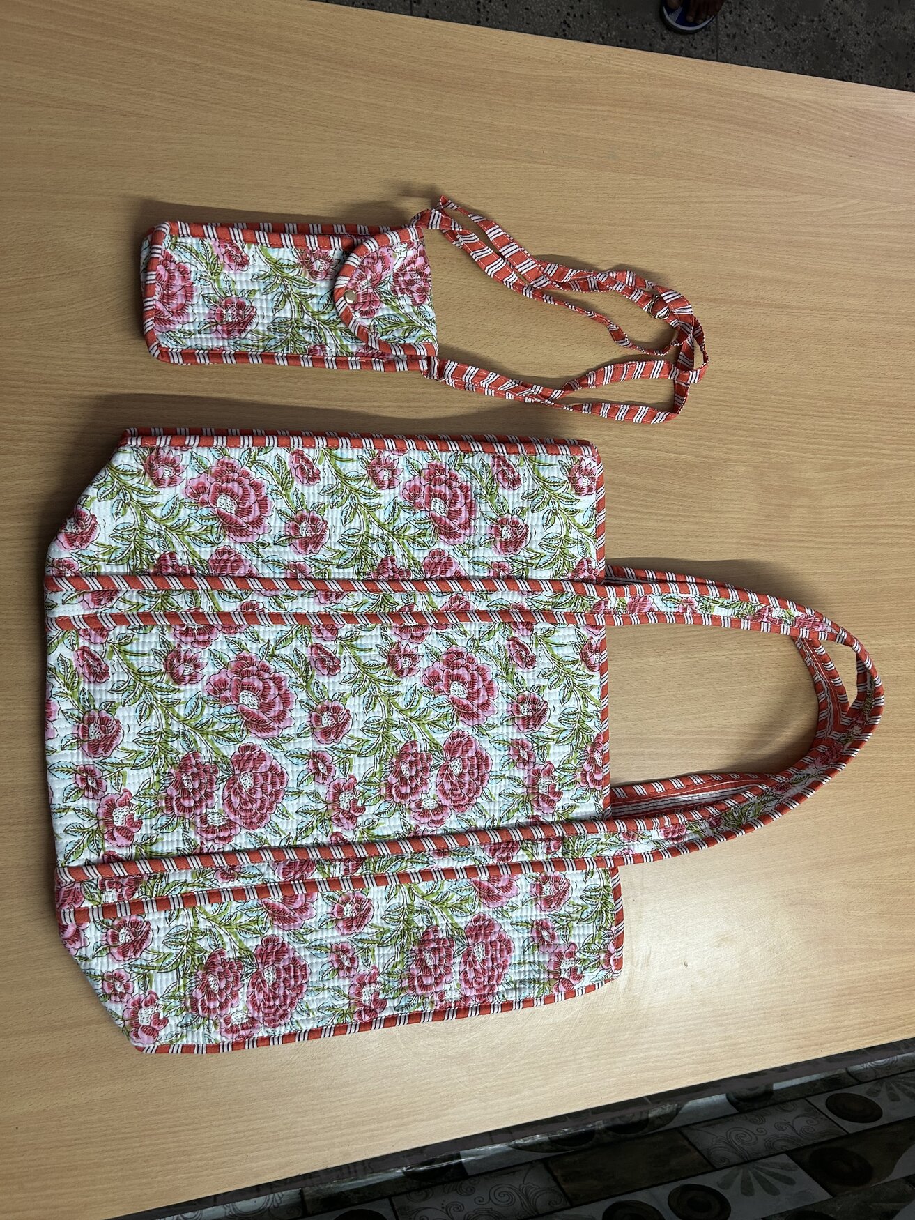 Jaipuri Block Print Tote · Rose Stripe