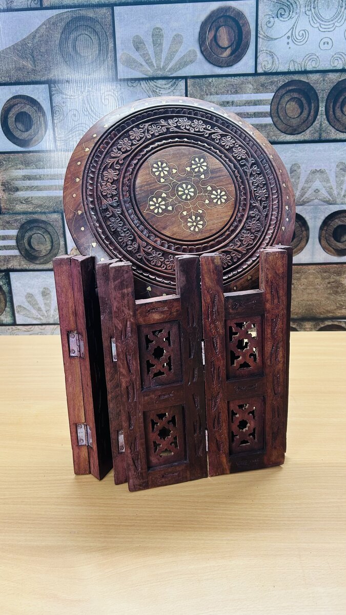 Round Folding Sheesham Chowki / Stool with Brass Inlay & Carved Jali Legs