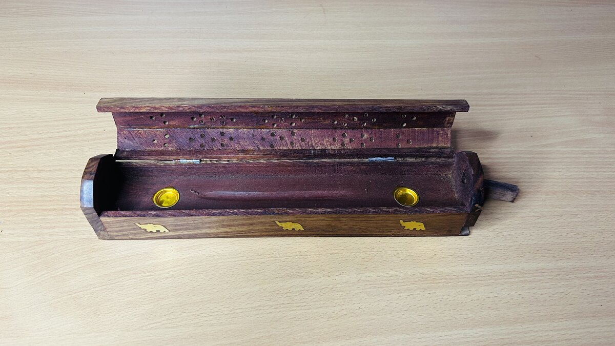 Sheesham Coffin Incense Box with Brass Elephant Inlay & Ash Drawer