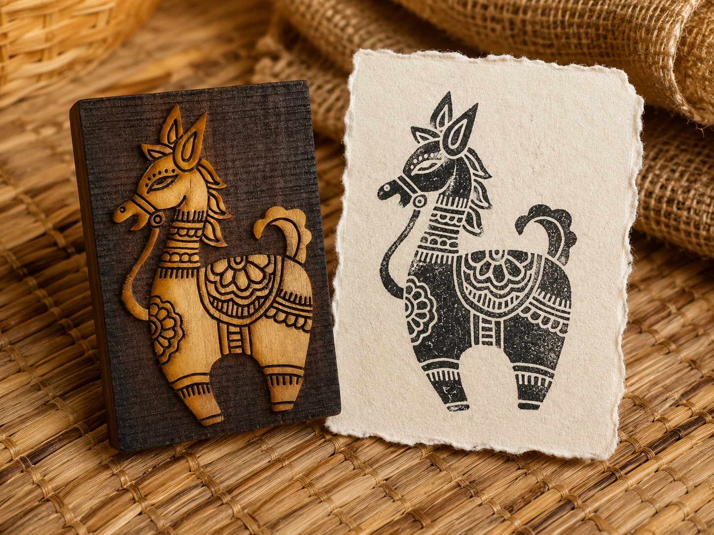 Madhubani Folk Horse Block